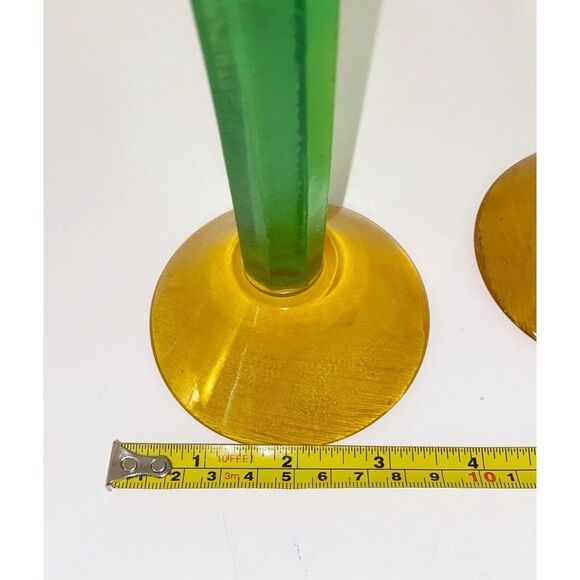 MCM Vintage Green and Yellow Tall Candlestick Holders Brushed Acrylic - Picture 9 of 10